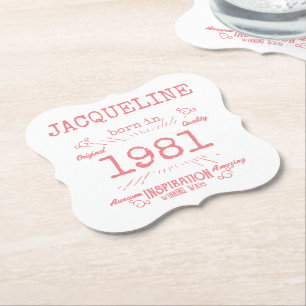 Dessous-de-verre En Papier Personnalisé 40e anniversaire 1981 Rose Blanc Élég