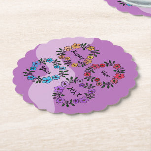 DESSOUS-DE-VERRE EN PAPIER PERSONNALISÉ HAPPY NEW YEAR 20XX & FLEURS WREATHS