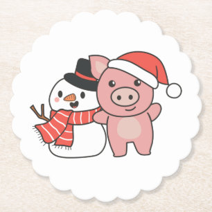 Dessous-de-verre En Papier Pig With Snowman In Winter For Christmas