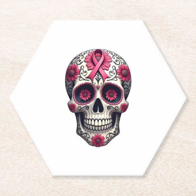 Dessous-de-verre En Papier Pink Ribbon Sugar Skull Calavera Breast Cancer Awa (Devant)
