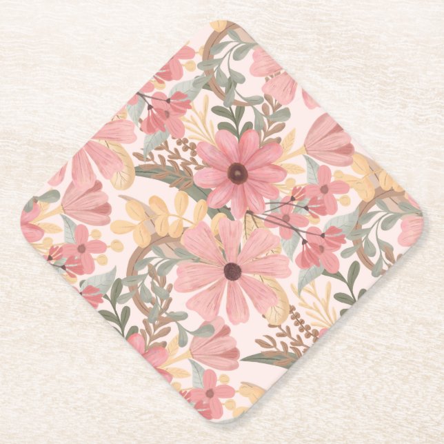 Dessous-de-verre En Papier Pink Sage Vert Floral Feuille Motif d'aquarelle (Devant)