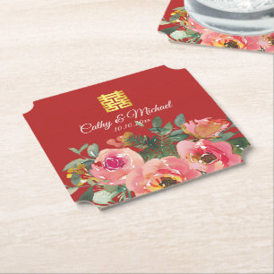 Dessous-de-verre En Papier Pivoine double bonheur floral mariage chinois roug
