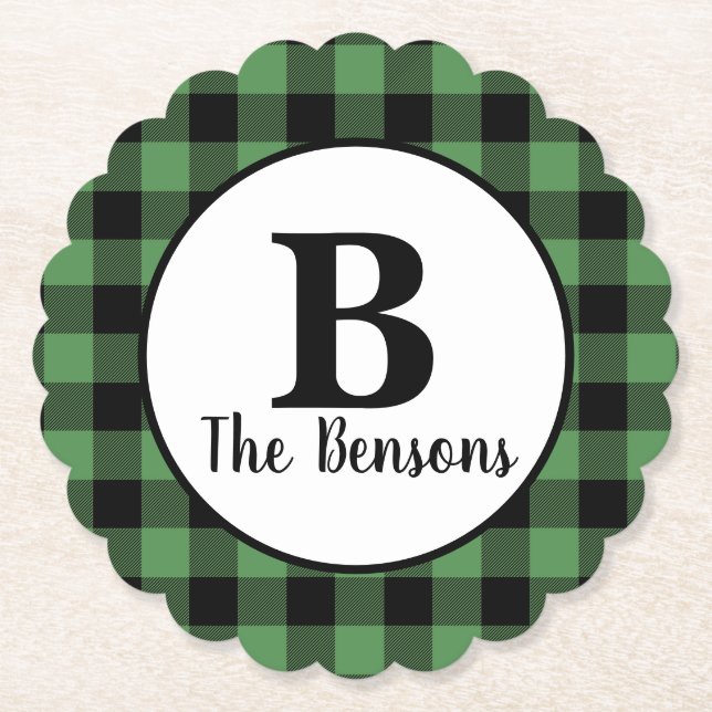 Dessous-de-verre En Papier Plaid classique vert noir Monogramme Buffalo (Devant)