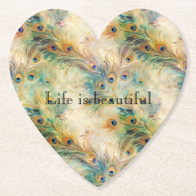 Dessous-de-verre En Papier Plumes Aqua Green Gold Peacock (Devant)