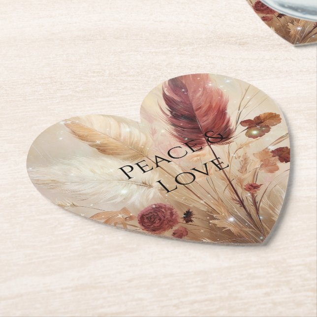 Dessous-de-verre En Papier Plumes de Boho à crème rouge Floral (Incliné)