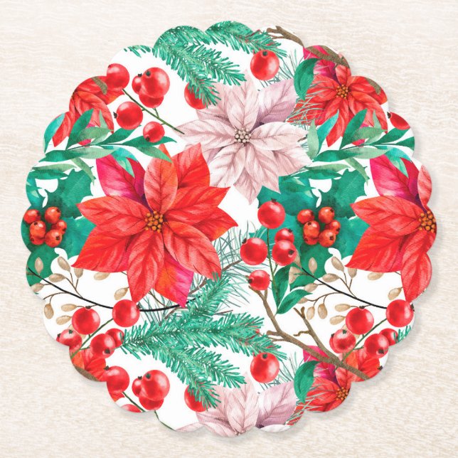 Dessous-de-verre En Papier Poinsettia, Pine Boughs et Red Berries (Devant)