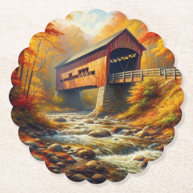 Dessous-de-verre En Papier pont couvert d'automne classique (Devant)