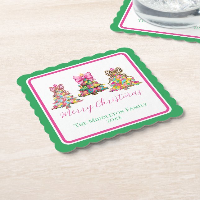 Dessous-de-verre En Papier Preppy Pink and Green Christmas Trees (Incliné)
