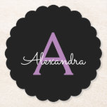 Dessous-de-verre En Papier Purple Black Script Girl Nom du monogramme<br><div class="desc">Dessous de verre en papier noir et violet simple Script Monogramme Nom. Cela fait le cadeau parfait de remise de diplômes,  anniversaire,  mariage,  douche nuptiale,  anniversaire,  baby shower ou bachelorette pour quelqu'un qui aime le luxe glam et les styles chic.</div>