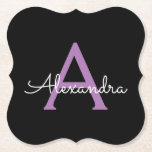 Dessous-de-verre En Papier Purple Black Script Girl Nom du monogramme<br><div class="desc">Dessous de verre en papier noir et violet simple Script Monogramme Nom. Cela fait le cadeau parfait de remise de diplômes,  anniversaire,  mariage,  douche nuptiale,  anniversaire,  baby shower ou bachelorette pour quelqu'un qui aime le luxe glam et les styles chic.</div>