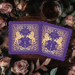 Dessous-de-verre En Papier Purple Royal Lion Médiéval Mariage d'épée<br><div class="desc">Ajoutez du charme royal à votre paysage de table ! Ces dessous de verre de mariage personnalisés sont dotés d'un lion majestueux et d'un design floral avec vos noms et monogramme, le tout en or luxueux contre un arrière - plan pourpre. Parfait pour une fête d'imaginaire médiévale avec une élégance...</div>