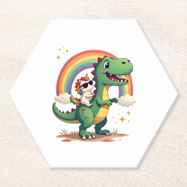 Dessous-de-verre En Papier Rainbow Unicorn Riding T rex - Dinosaur Boys Girls (Devant)