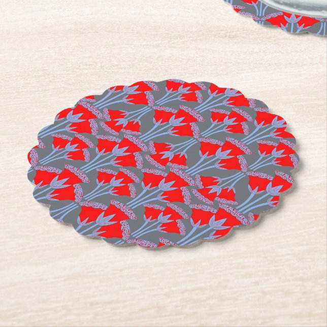 Dessous-de-verre En Papier Red Bellflower Scalloped Round Paper Coaster  (Incliné)