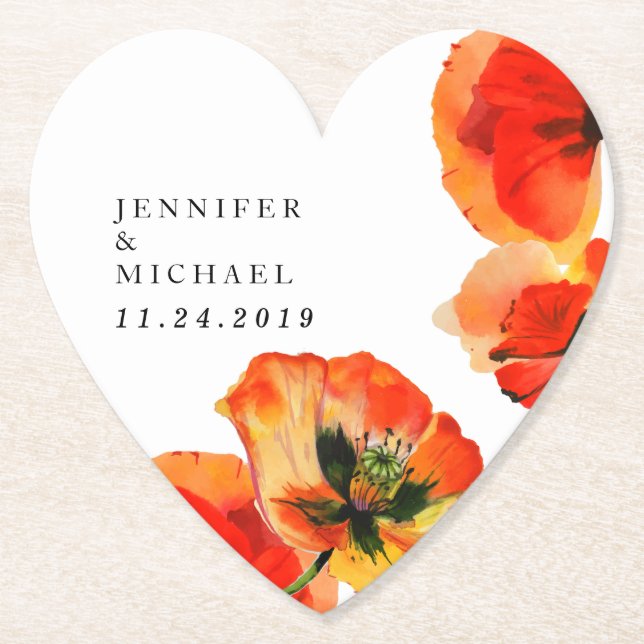 Dessous-de-verre En Papier Red Poppy Illustration Floral Art Mariage (Devant)