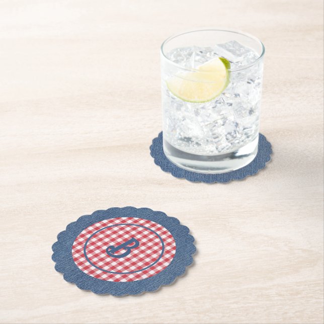 Dessous-de-verre En Papier Red & White Gingham, Blue Denim Print, Initial (6) (En situation)