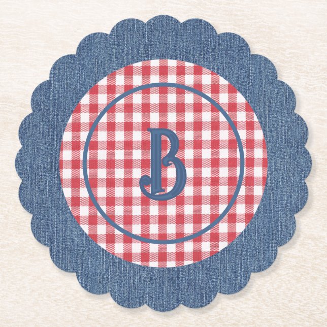 Dessous-de-verre En Papier Red & White Gingham, Blue Denim Print, Initial (6) (Devant)
