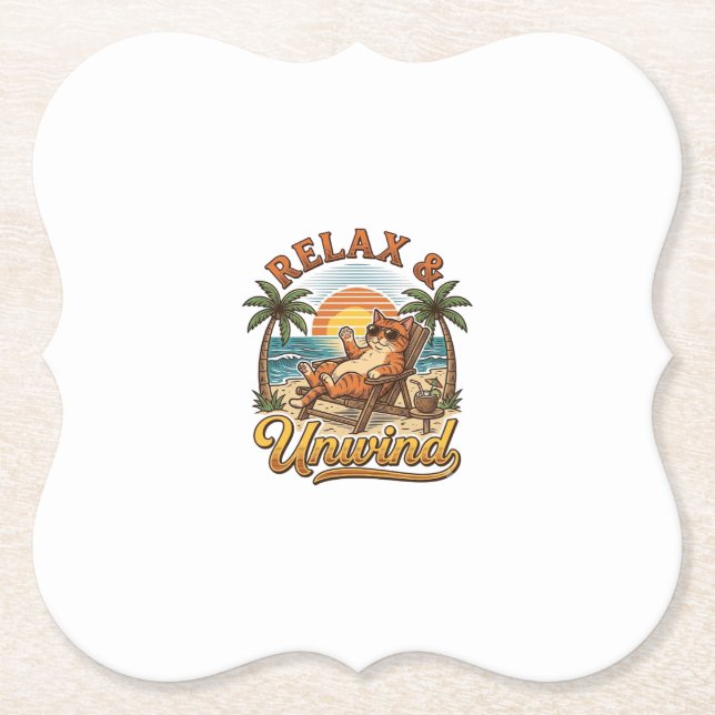 Dessous-de-verre En Papier Relax & Unwind Chat de Plage Design de Gravure Vin (Devant)