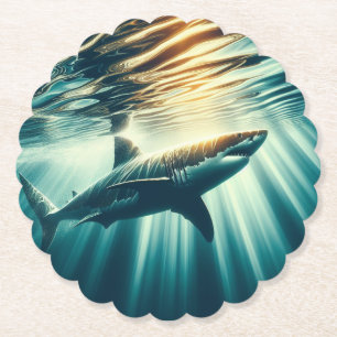 Dessous-de-verre En Papier Requin dans la mer bleue profonde & soleil