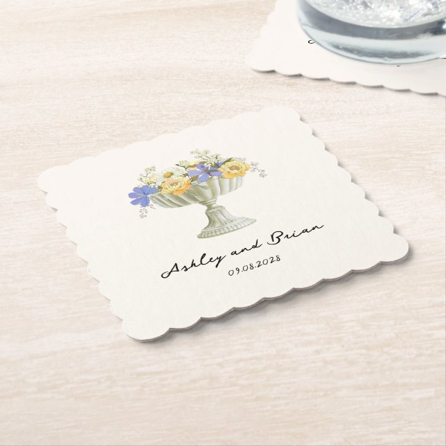 Dessous-de-verre En Papier Romantic Tuscan Garden Urn with Flowers Wedding (Incliné)