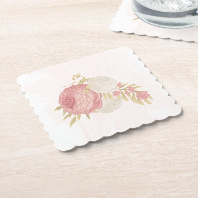 Dessous-de-verre En Papier Romantique rose & fleurs blanches or (Incliné)