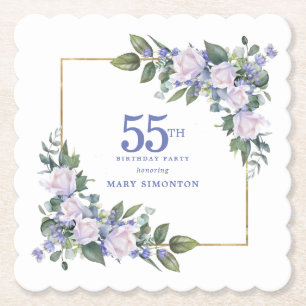 Dessous-de-verre En Papier Rose Blanche Fleur Bleue Florale Personnalisée Fêt