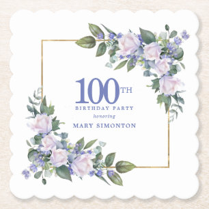 Dessous-de-verre En Papier Rose Blanche Fleur Bleue Personnalisé Fête d'anniv