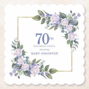Dessous-de-verre En Papier Rose Blanche Fleur Bleue Personnalisée Fête 70e An