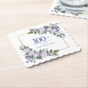 Dessous-de-verre En Papier Rose blanche Flore bleu Custom 100e fête d'anniver