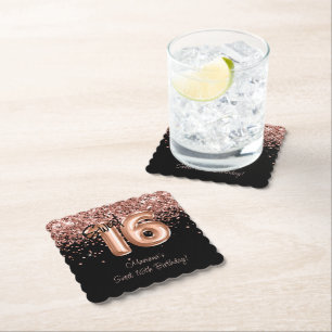 Dessous-de-verre En Papier Rose Gold Blacki Sweet 16e fête d'anniversaire
