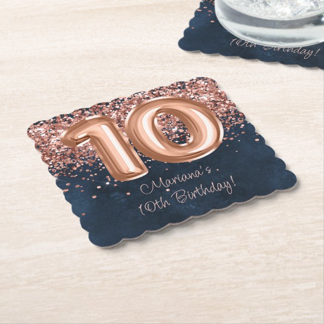 Dessous-de-verre En Papier Rose Gold Navy Blue 10th Birthday Party (Incliné)