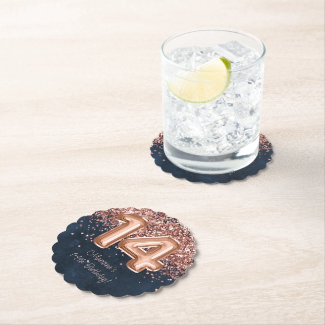 Dessous-de-verre En Papier Rose Gold Navy Blue 14th Birthday Party (En situation)