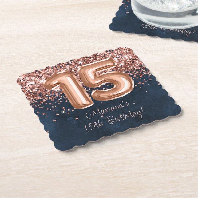 Dessous-de-verre En Papier Rose Gold Navy Blue 15e fête d'anniversaire (Incliné)