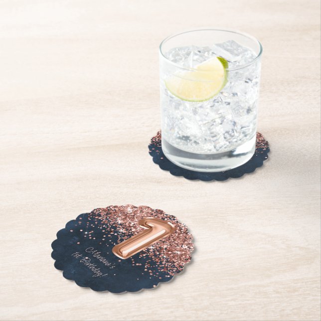 Dessous-de-verre En Papier Rose Gold Navy Blue 1er anniversaire fête (En situation)