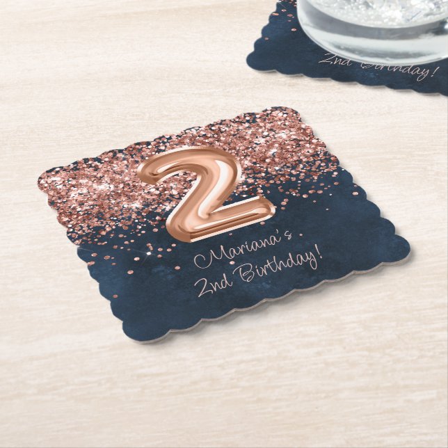 Dessous-de-verre En Papier Rose Gold Navy Blue 2e fête d'anniversaire (Incliné)