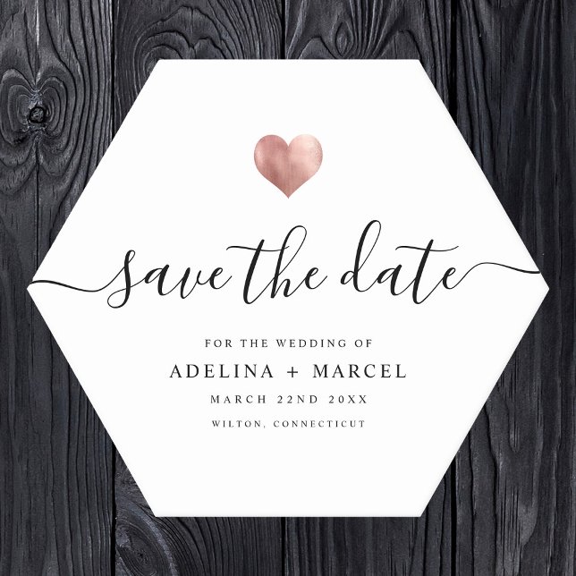 Dessous-de-verre En Papier Rose moderne Gold Heart Enregistrer la date (Hexagonal wedding save-the-date coaster on wood background. Elegant script reads "save the date" )