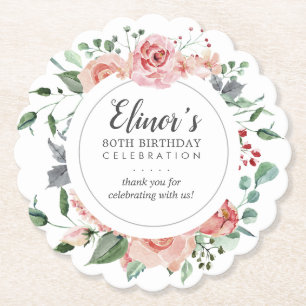 Dessous-de-verre En Papier Rose rose florale 80e anniversaire Merci