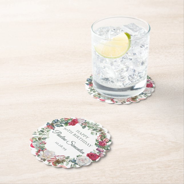 Dessous-de-verre En Papier Rose rouge et Holly 90e anniversaire Elegant (En situation)