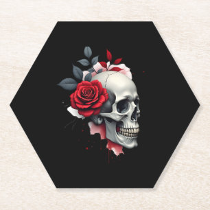 Dessous-de-verre En Papier Rose Squelette Crâne Main Fleur Rouge Rose T-Shirt