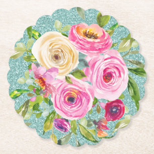 Dessous-de-verre En Papier Roses aquarelles en rose et crème avec paillettes