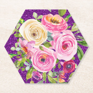 Dessous-de-verre En Papier Roses aquarelles en rose et crème avec paillettes