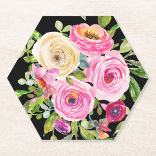 Dessous-de-verre En Papier Roses aquarelles en rose et crème sur fond noir