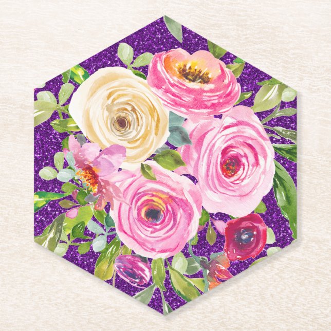 Dessous-de-verre En Papier Roses d'aquarelle en Parties scintillant rose et c (Devant)