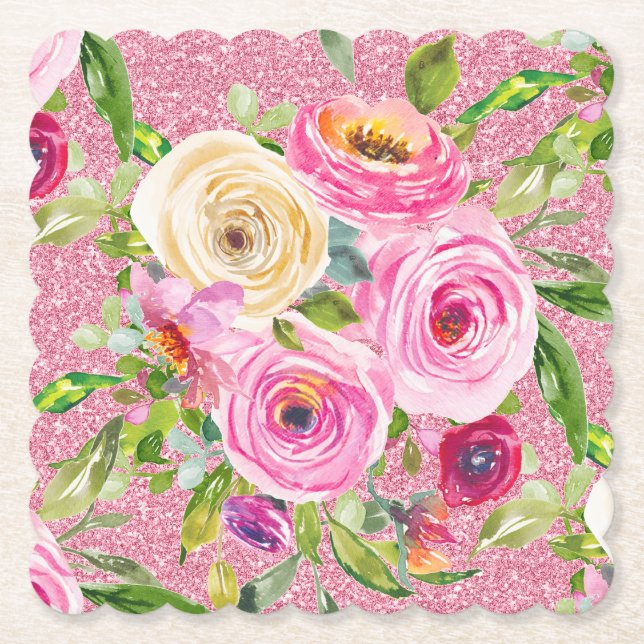 Dessous-de-verre En Papier Roses d'aquarelle en Parties scintillant rose et c (Devant)