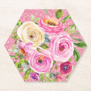 Dessous-de-verre En Papier Roses d'aquarelle en Parties scintillant rose et c