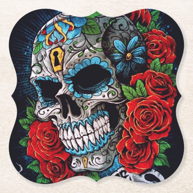 Dessous-de-verre En Papier roses et dessous de verre de table de sugarskull (Devant)