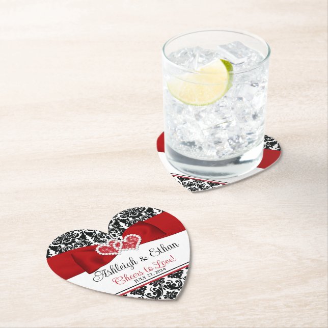 Dessous-de-verre En Papier Rouge, Noir, Blanc Damas Amour Coeurs Mariage (En situation)