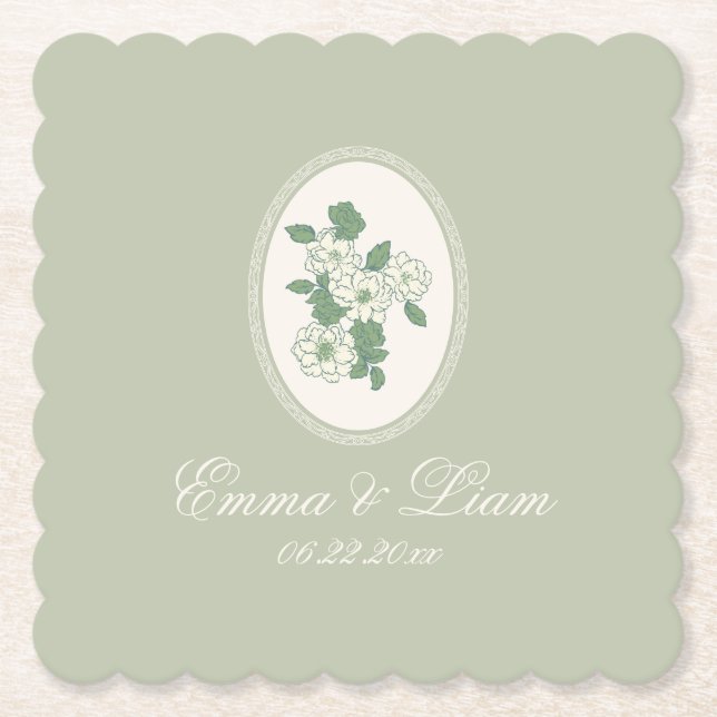 Dessous-de-verre En Papier Sage Green Scalloped Wedding Paper Coasters (Devant)