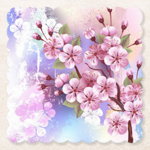 Dessous-de-verre En Papier Sakura rose sur la peinture Arrière - plan