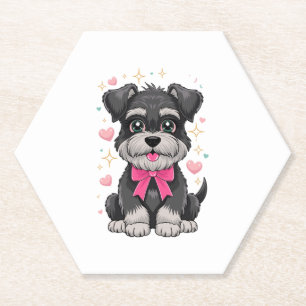Dessous-de-verre En Papier Schnauzer mignon à la corne rose entouré de coeurs