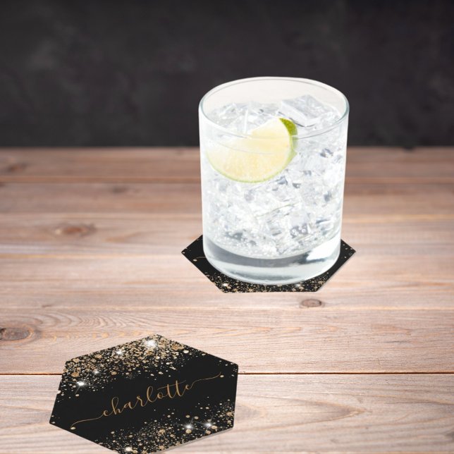 Dessous-de-verre En Papier Script de nom en poussière de glitter or noir (Créateur téléchargé)